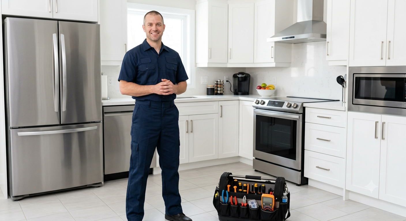 Appliance repair technician standing in a residential kitchen with repair tools