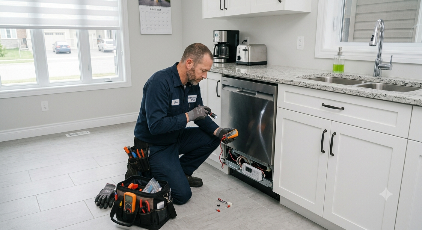 Technician testing an open dishwasher during dishwasher repair service