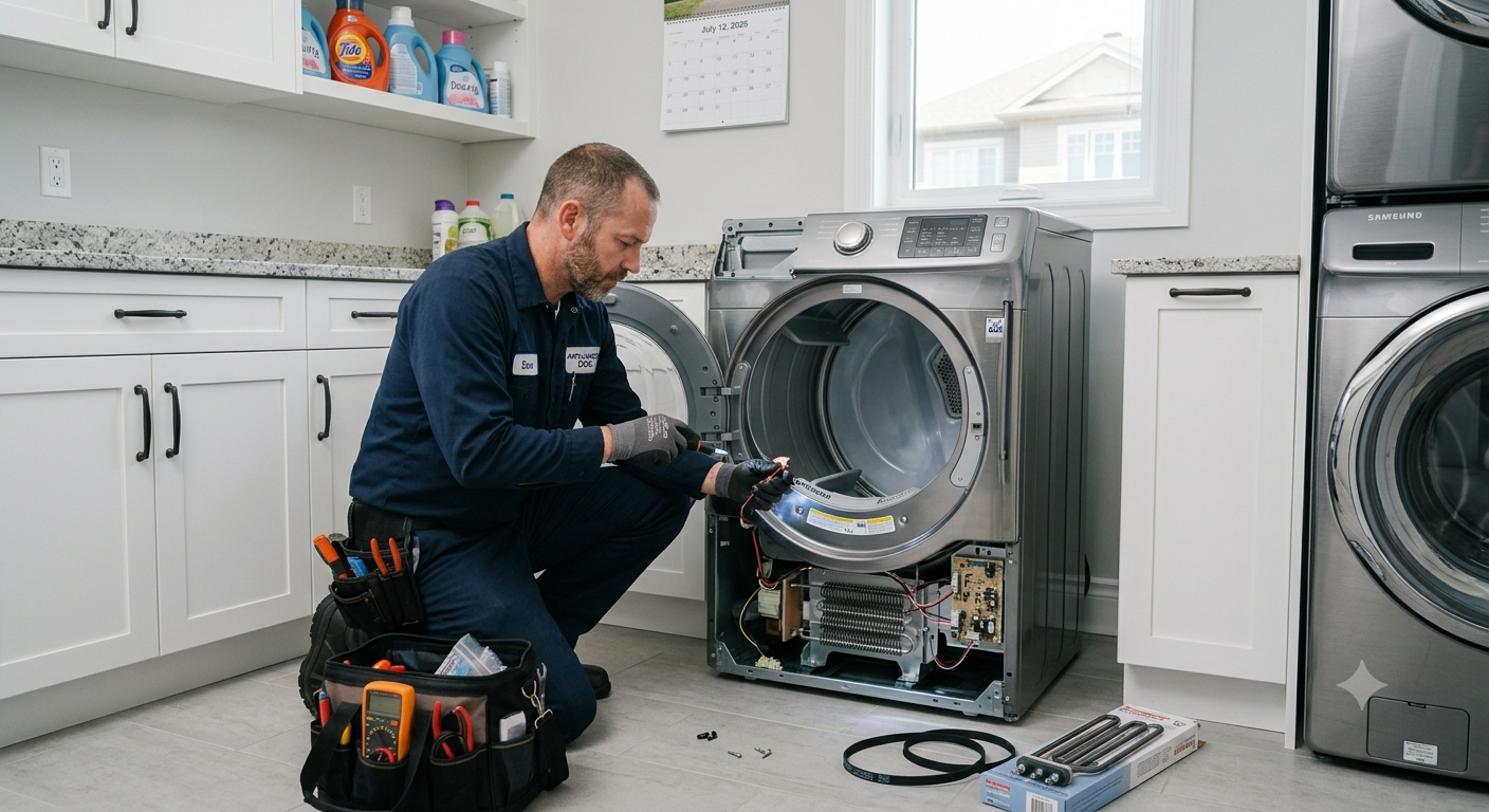 Technician inspecting an open clothes dryer during dryer repair service
