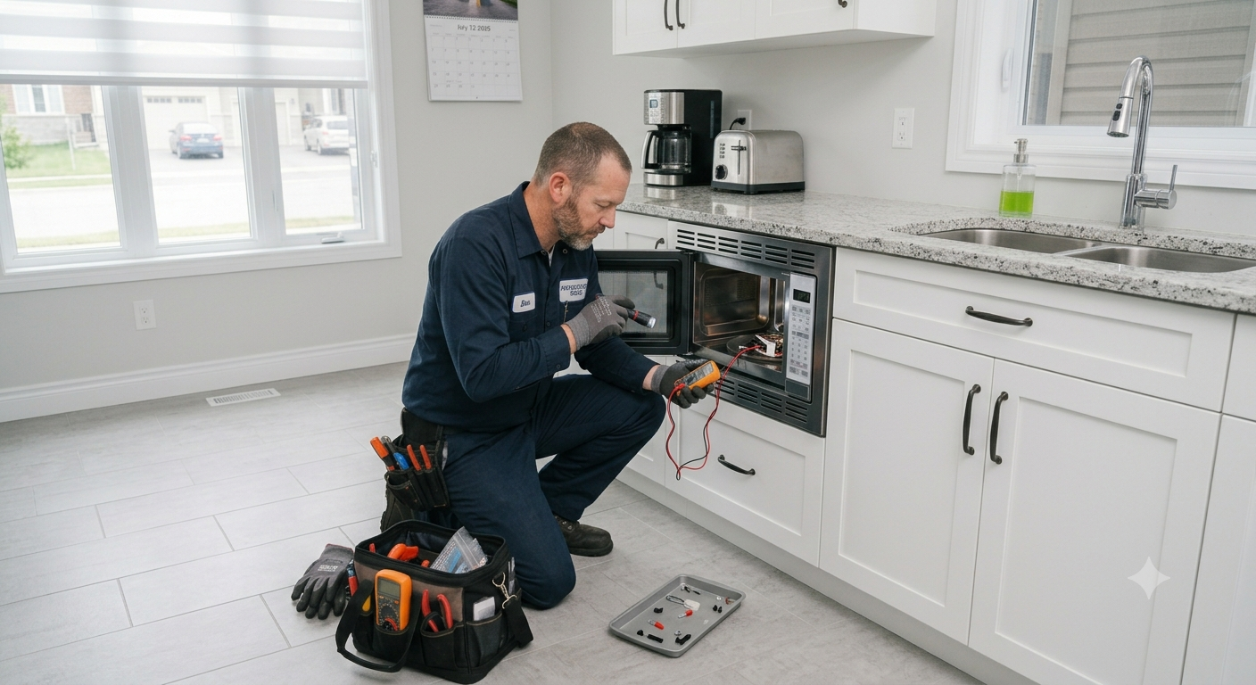 Technician testing an open microwave during microwave repair service