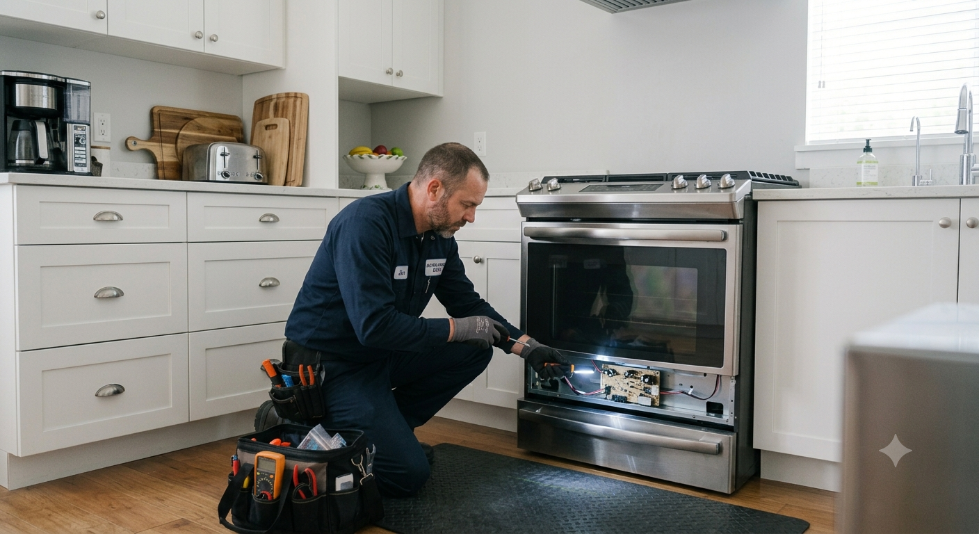 Technician inspecting a kitchen range during stove repair service