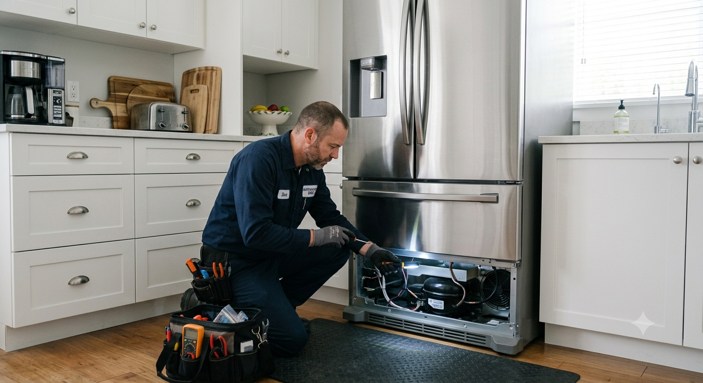 Technician inspecting the lower components of a refrigerator during repair service