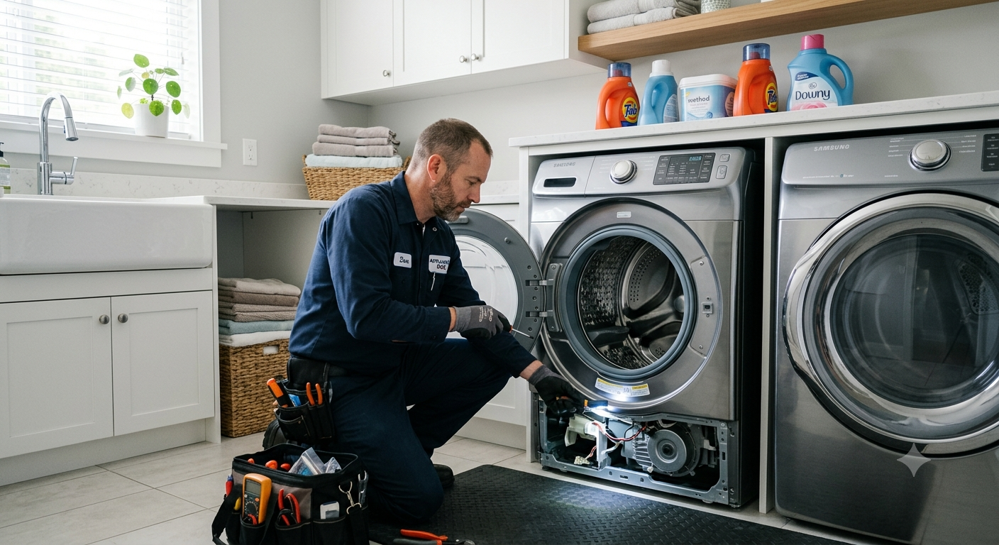 Technician inspecting a washing machine during washer repair service